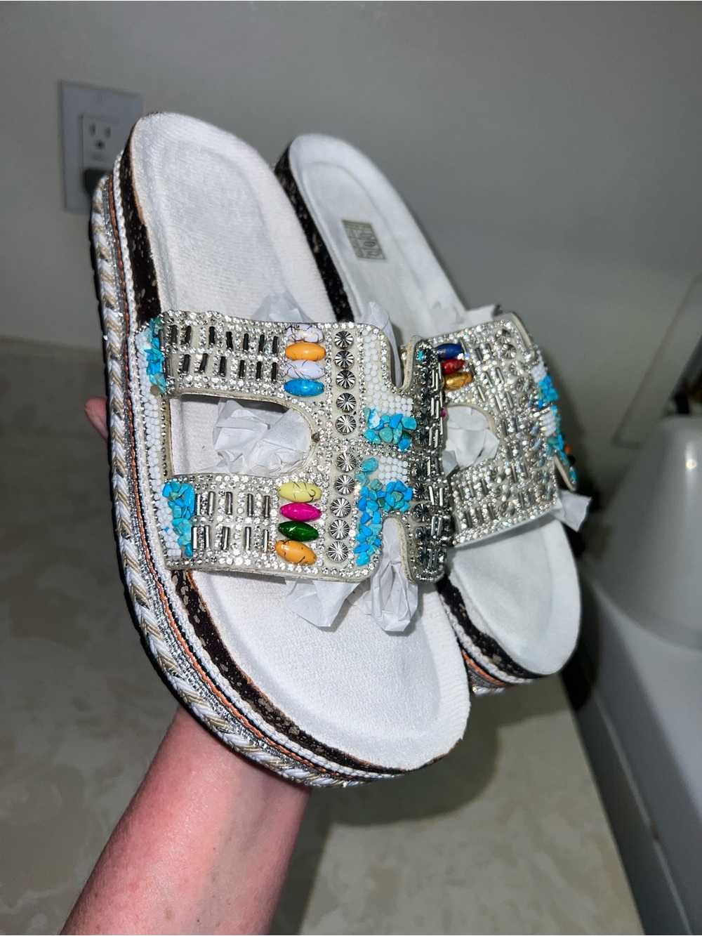 Embellished White H Band Slide Sandals with Multicolor Gems - Bohemian Inspired